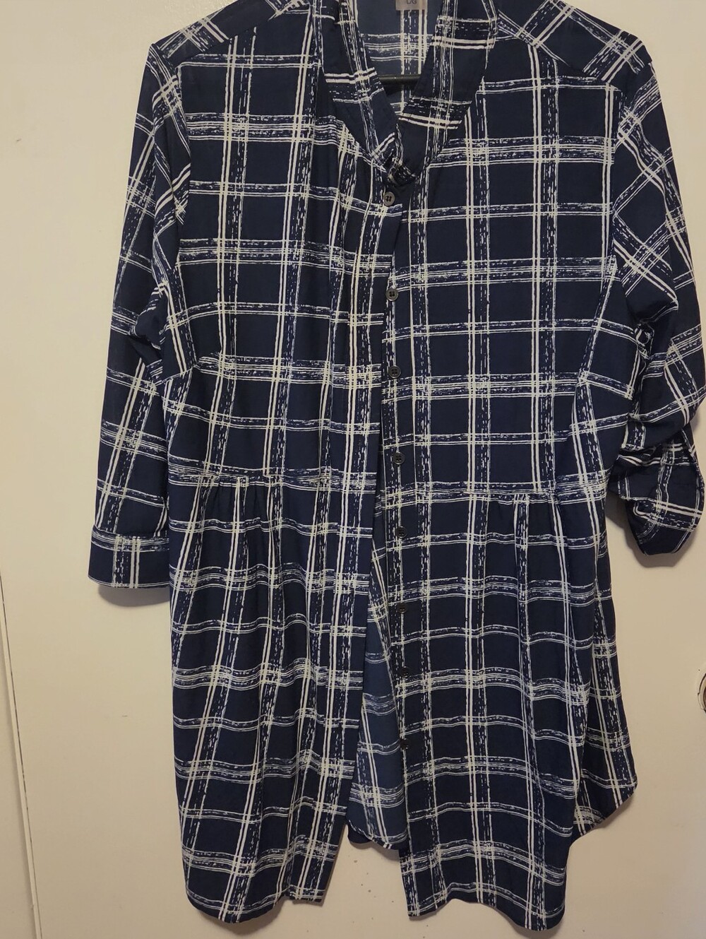 Navy Plaid Button-Front Womens Top